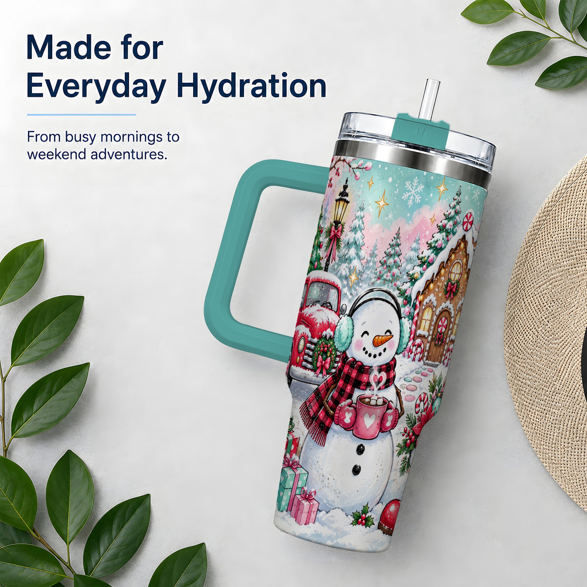 #pl[40oz|Green] Christmas Snowman 40oz Tumbler, Red Truck Winter Holiday Drinkware
