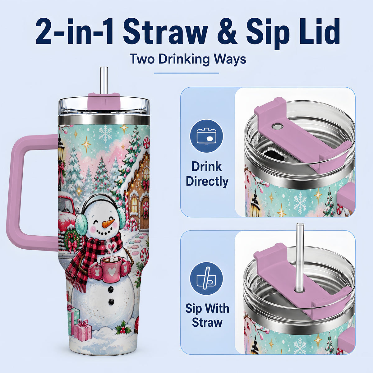 #pl[40oz|Pink] Christmas Snowman 40oz Tumbler, Red Truck Winter Holiday Drinkware