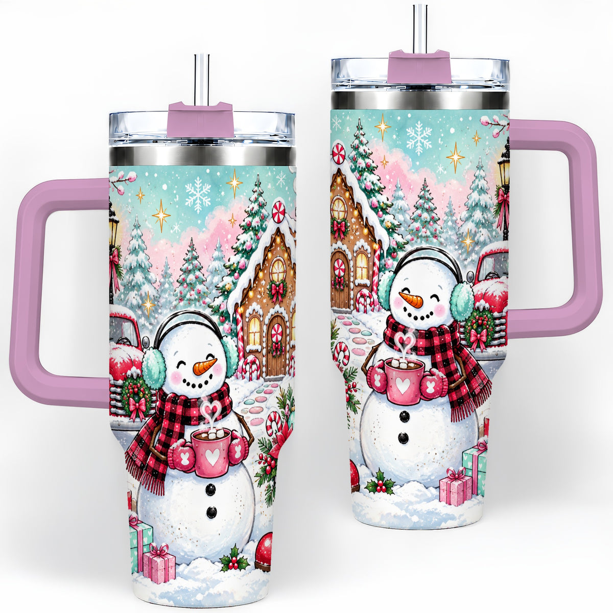 #pl[40oz|Pink] Christmas Snowman 40oz Tumbler, Red Truck Winter Holiday Drinkware