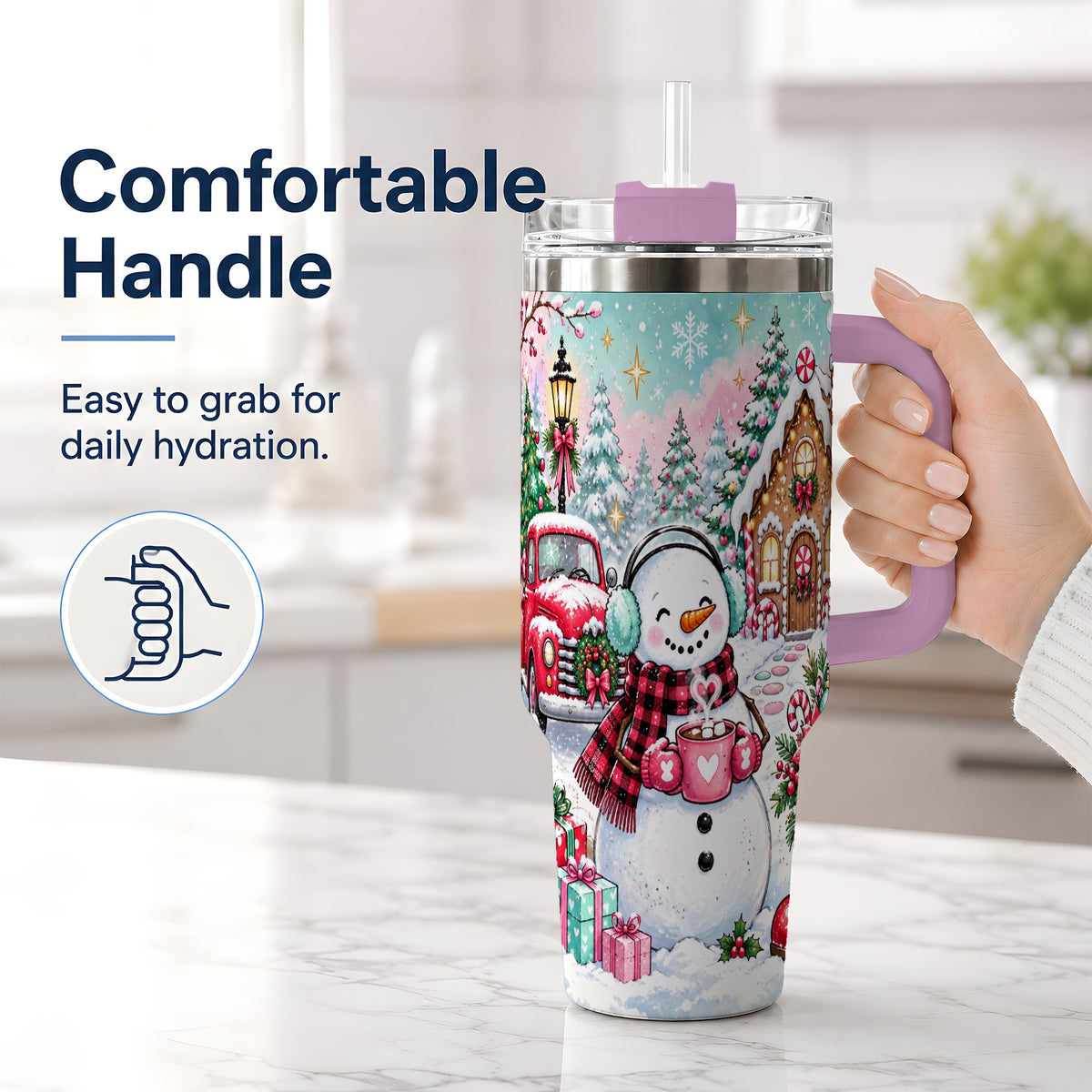 #pl[40oz|Pink] Christmas Snowman 40oz Tumbler, Red Truck Winter Holiday Drinkware