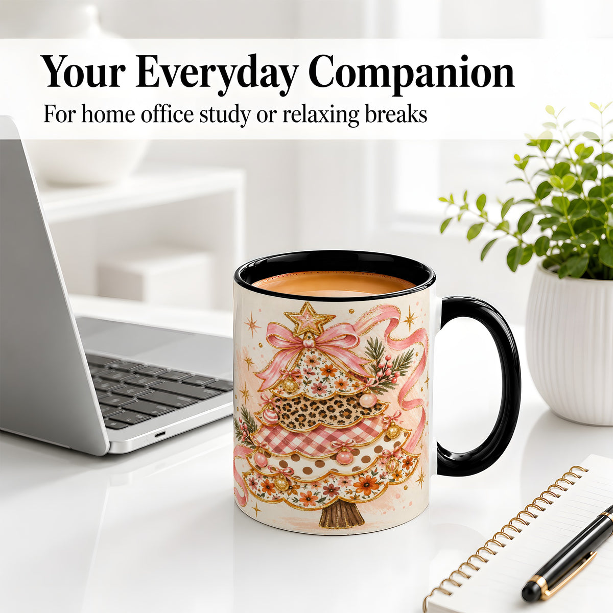 #pl[11oz|Black] Pink Bow Patterned Christmas Tree Accent Mug, Ceramic Mug