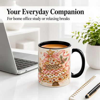 #pl[11oz|Black] Pink Bow Patterned Christmas Tree Accent Mug, Ceramic Mug