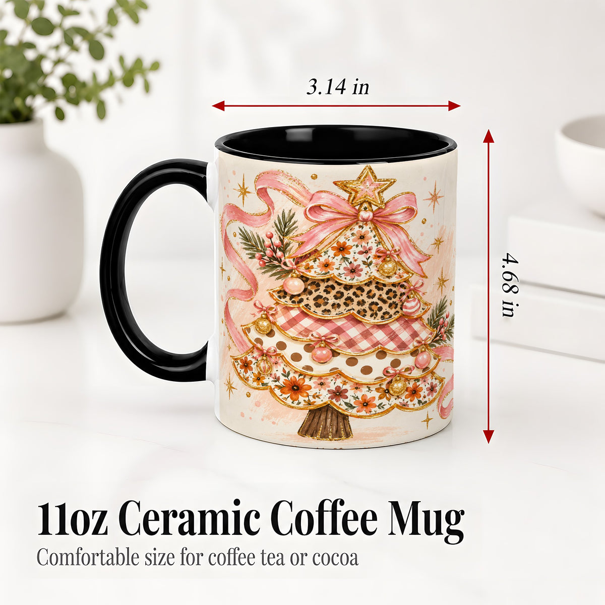 #pl[11oz|Black] Pink Bow Patterned Christmas Tree Accent Mug, Ceramic Mug