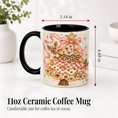 #pl[11oz|Black] Pink Bow Patterned Christmas Tree Accent Mug, Ceramic Mug