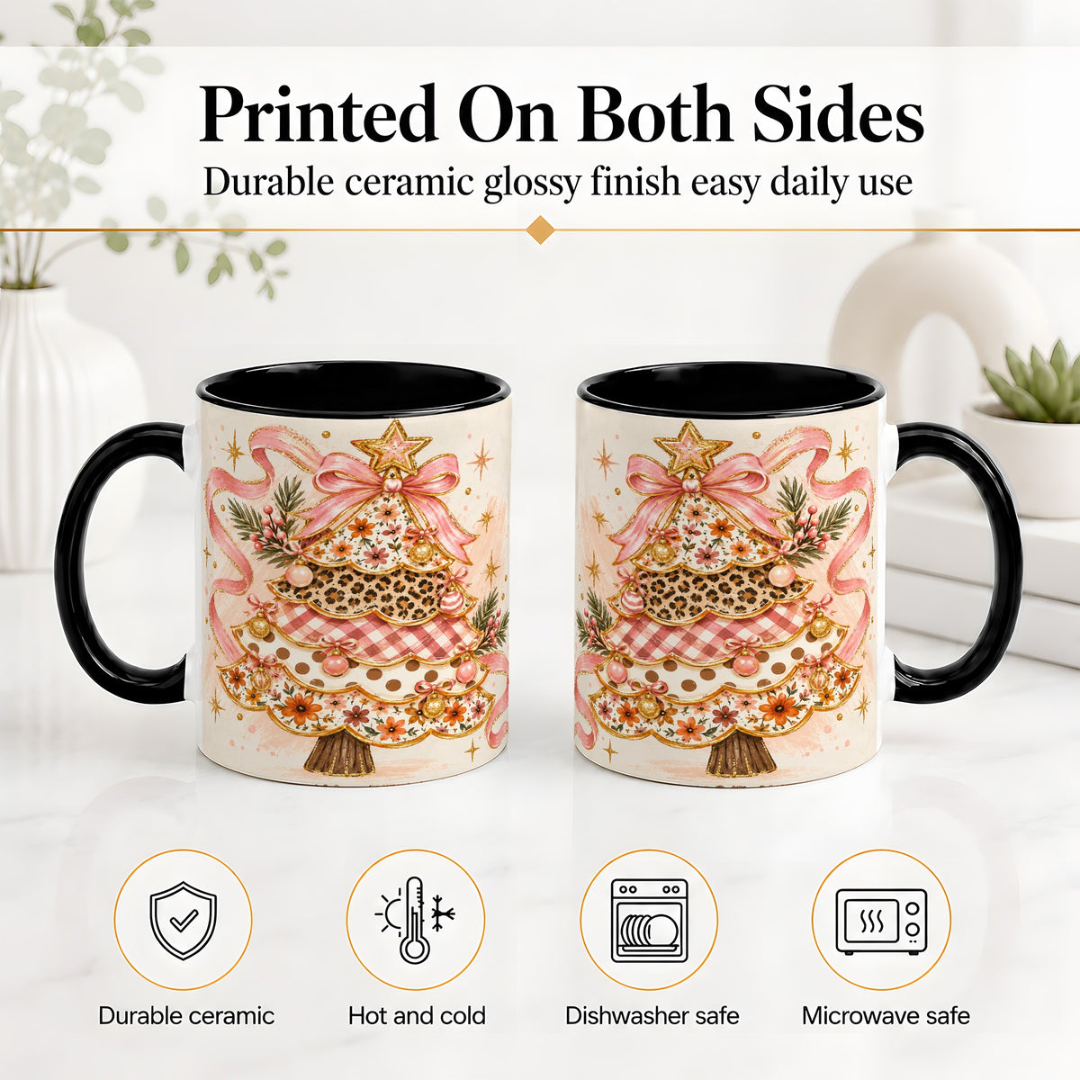 #pl[11oz|Black] Pink Bow Patterned Christmas Tree Accent Mug, Ceramic Mug