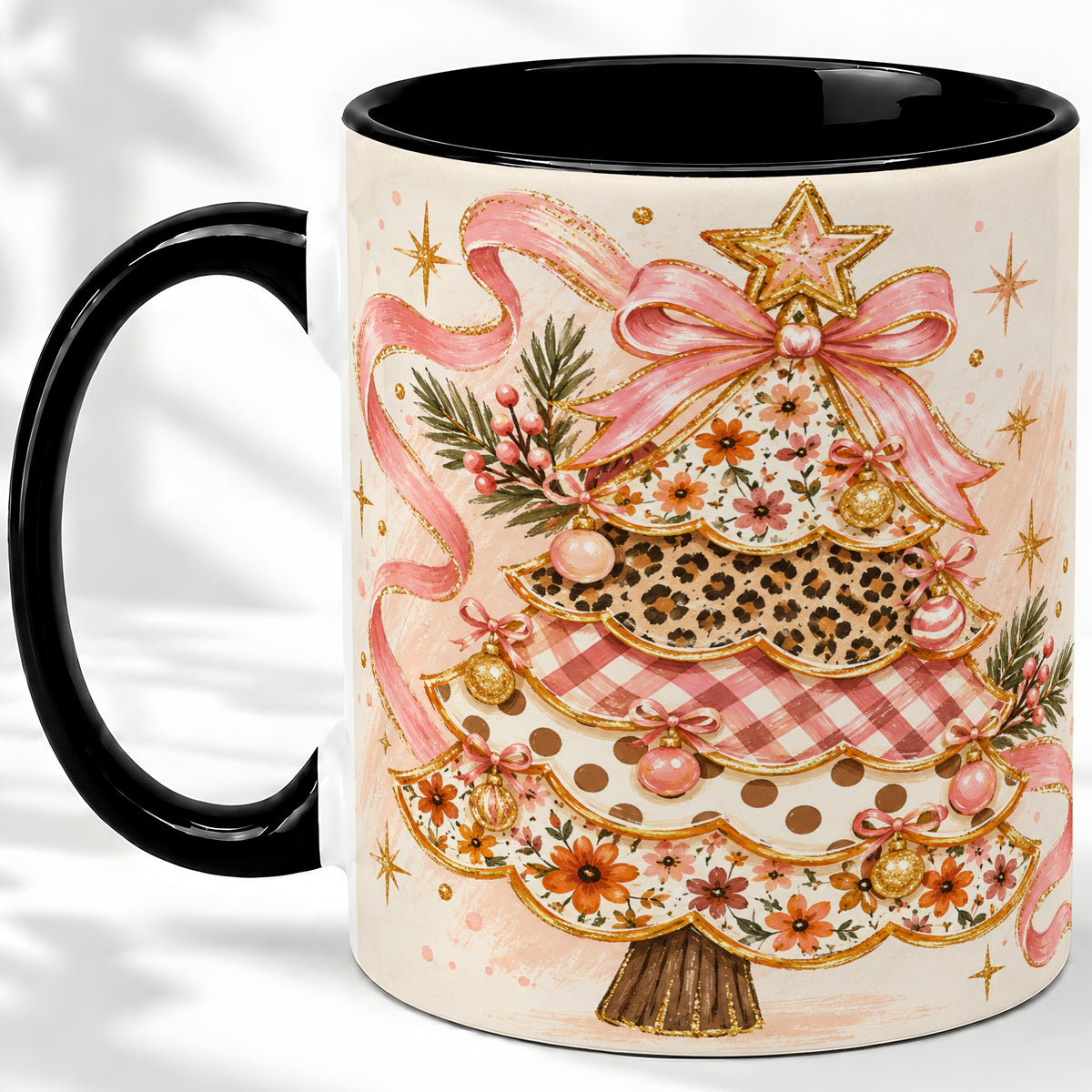 #pl[11oz|Black] Pink Bow Patterned Christmas Tree Accent Mug, Ceramic Mug