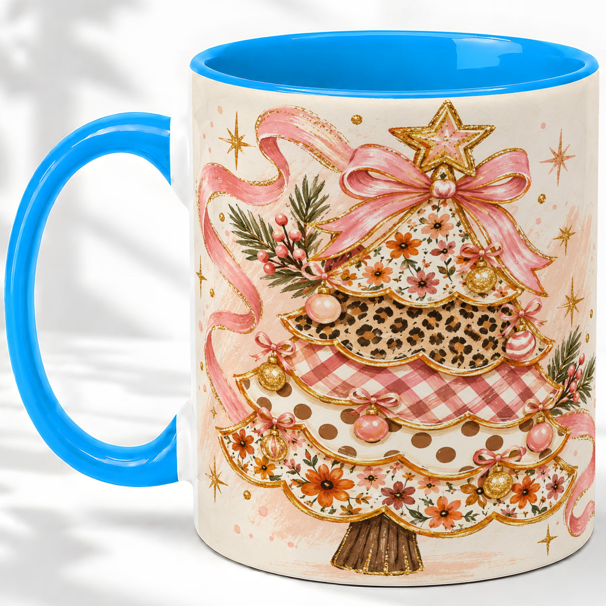 #pl[11oz|Blue] Pink Bow Patterned Christmas Tree Accent Mug, Ceramic Mug