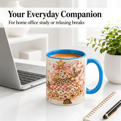 #pl[11oz|Blue] Pink Bow Patterned Christmas Tree Accent Mug, Ceramic Mug