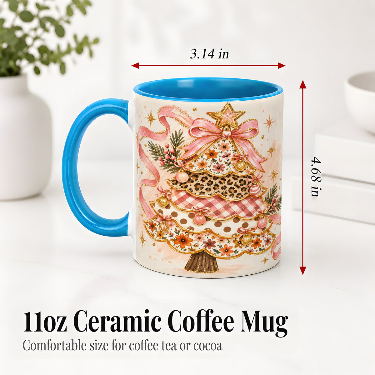 #pl[11oz|Blue] Pink Bow Patterned Christmas Tree Accent Mug, Ceramic Mug