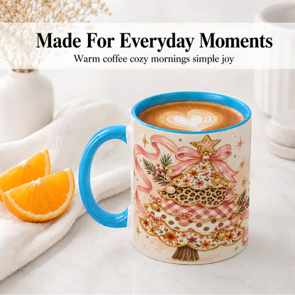 #pl[11oz|Blue] Pink Bow Patterned Christmas Tree Accent Mug, Ceramic Mug