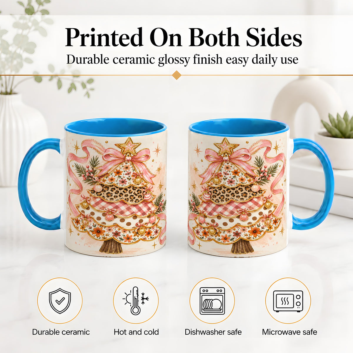 #pl[11oz|Blue] Pink Bow Patterned Christmas Tree Accent Mug, Ceramic Mug