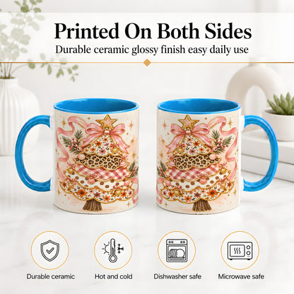 #pl[11oz|Blue] Pink Bow Patterned Christmas Tree Accent Mug, Ceramic Mug