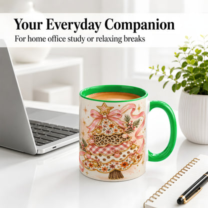 #pl[11oz|Green] Pink Bow Patterned Christmas Tree Accent Mug, Ceramic Mug