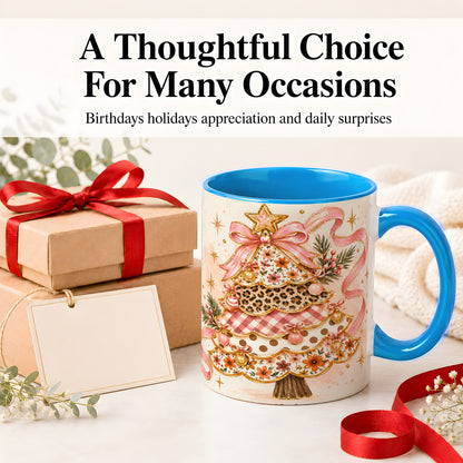 #pl[11oz|Blue] Pink Bow Patterned Christmas Tree Accent Mug, Ceramic Mug