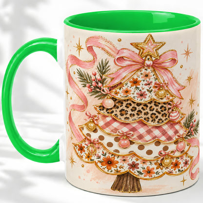 #pl[11oz|Green] Pink Bow Patterned Christmas Tree Accent Mug, Ceramic Mug