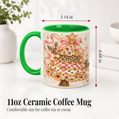 #pl[11oz|Green] Pink Bow Patterned Christmas Tree Accent Mug, Ceramic Mug