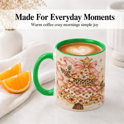 #pl[11oz|Green] Pink Bow Patterned Christmas Tree Accent Mug, Ceramic Mug
