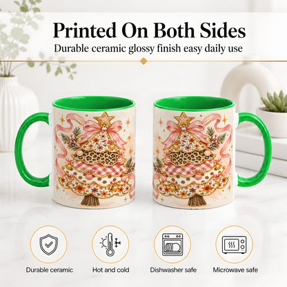 #pl[11oz|Green] Pink Bow Patterned Christmas Tree Accent Mug, Ceramic Mug