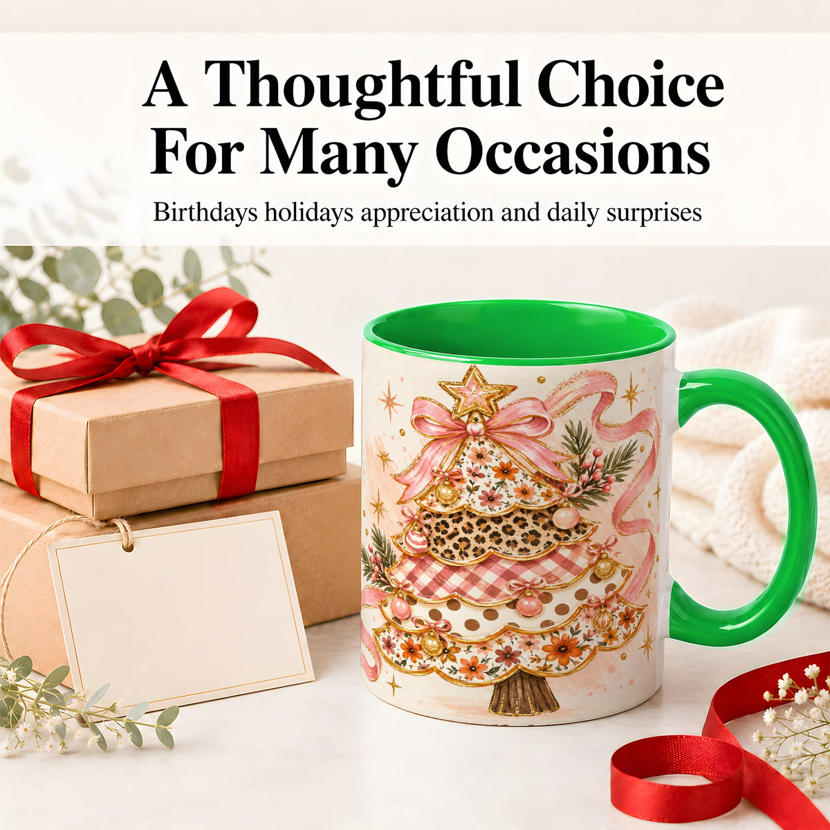 #pl[11oz|Green] Pink Bow Patterned Christmas Tree Accent Mug, Ceramic Mug