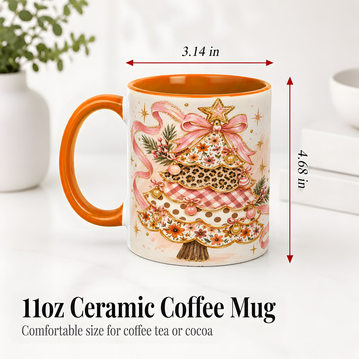 #pl[11oz|Orange] Pink Bow Patterned Christmas Tree Accent Mug, Ceramic Mug