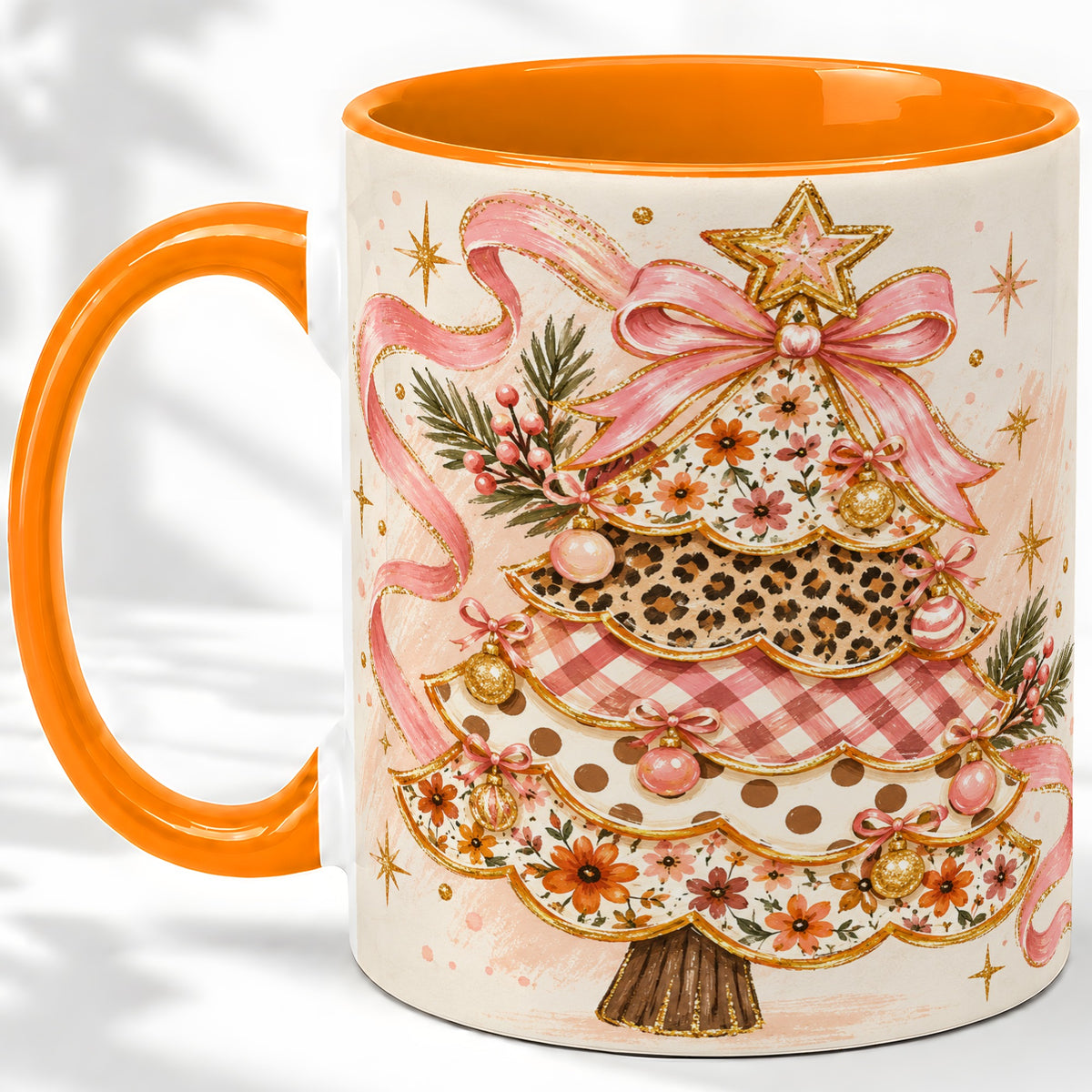 #pl[11oz|Orange] Pink Bow Patterned Christmas Tree Accent Mug, Ceramic Mug