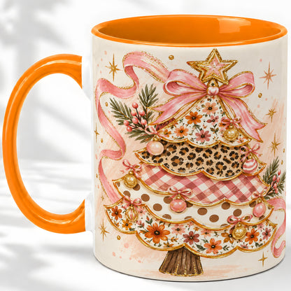 #pl[11oz|Orange] Pink Bow Patterned Christmas Tree Accent Mug, Ceramic Mug