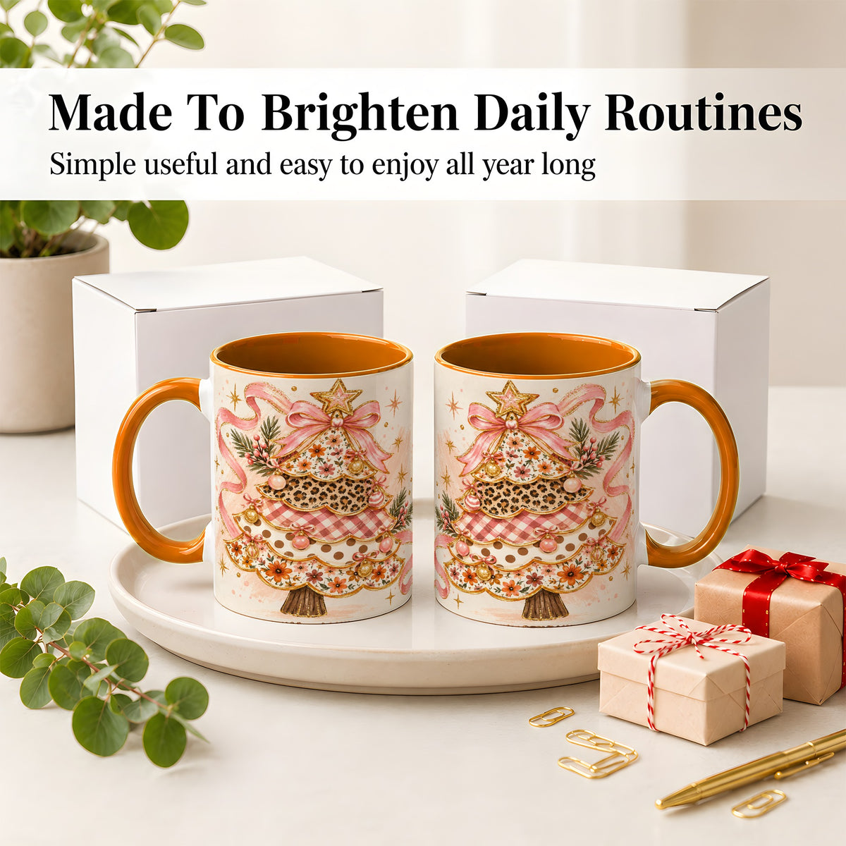 #pl[11oz|Orange] Pink Bow Patterned Christmas Tree Accent Mug, Ceramic Mug