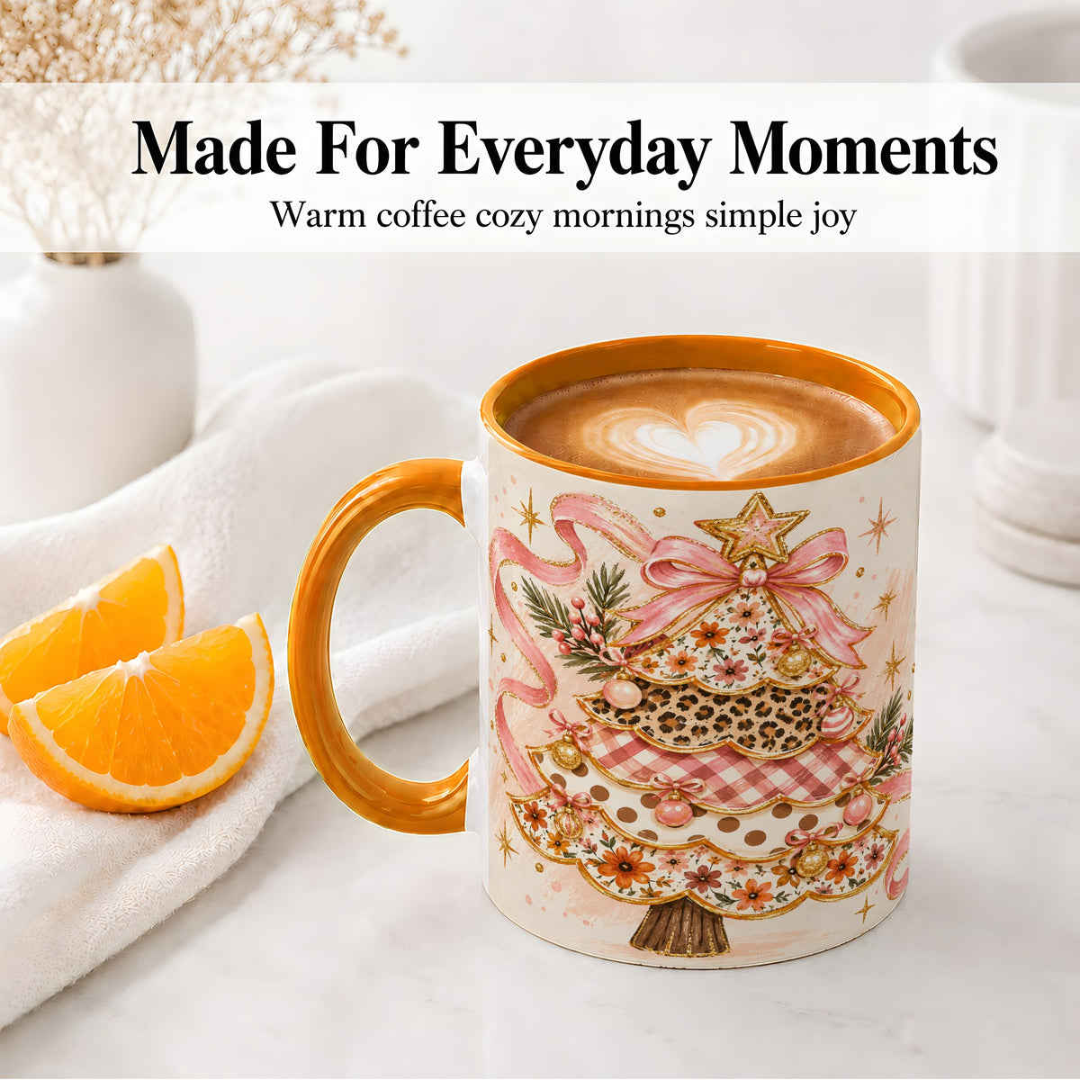 #pl[11oz|Orange] Pink Bow Patterned Christmas Tree Accent Mug, Ceramic Mug