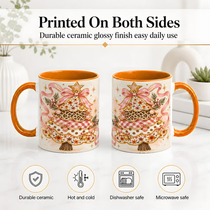 #pl[11oz|Orange] Pink Bow Patterned Christmas Tree Accent Mug, Ceramic Mug