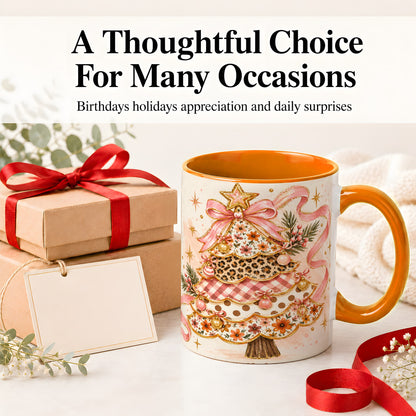 #pl[11oz|Orange] Pink Bow Patterned Christmas Tree Accent Mug, Ceramic Mug