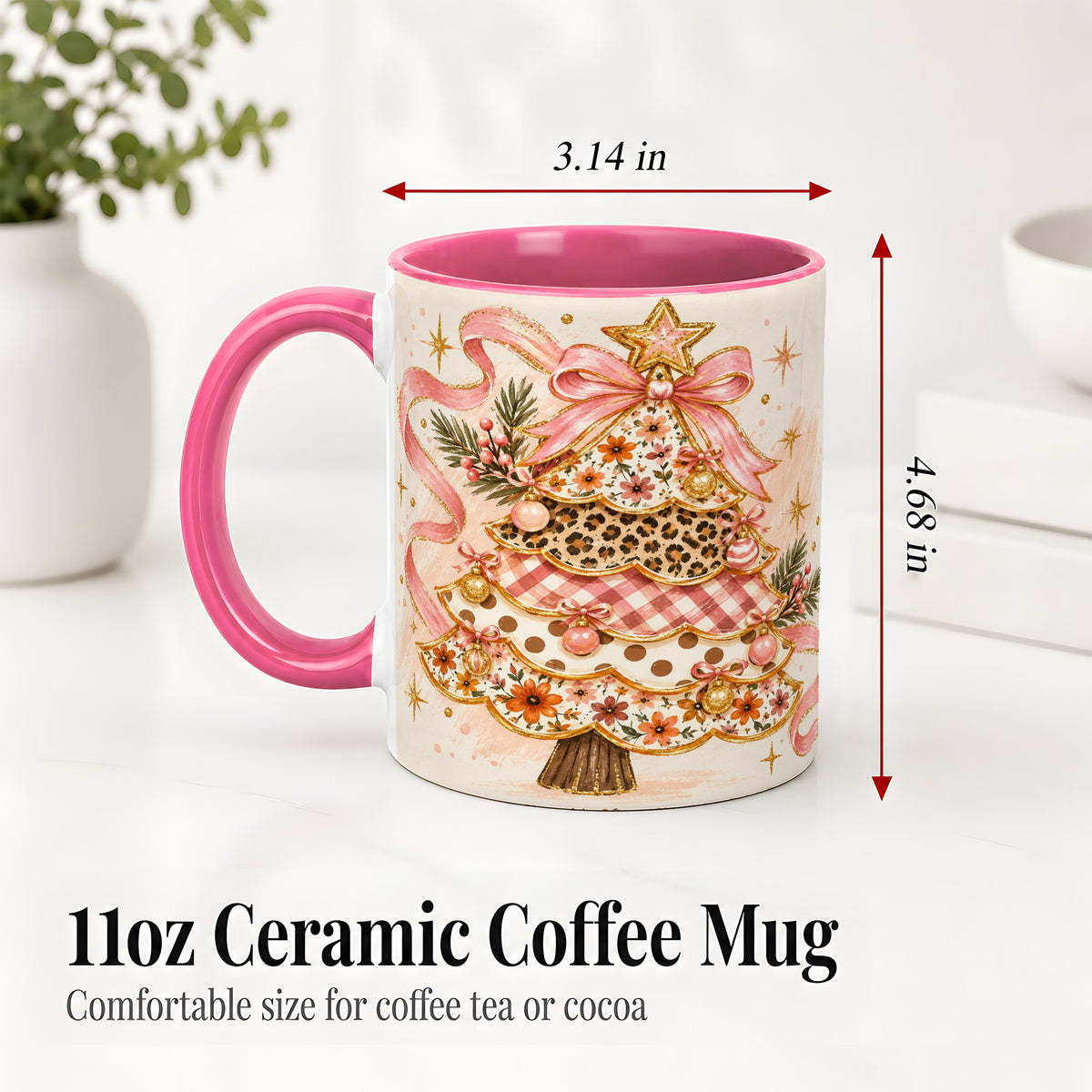 #pl[11oz|Pink] Pink Bow Patterned Christmas Tree Accent Mug, Ceramic Mug