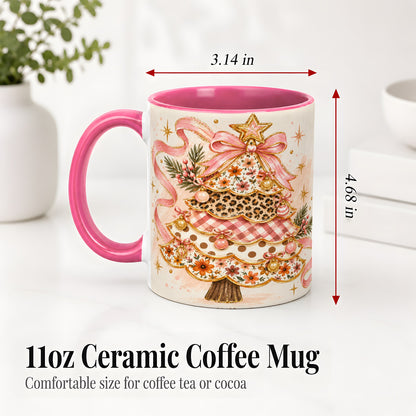 #pl[11oz|Pink] Pink Bow Patterned Christmas Tree Accent Mug, Ceramic Mug