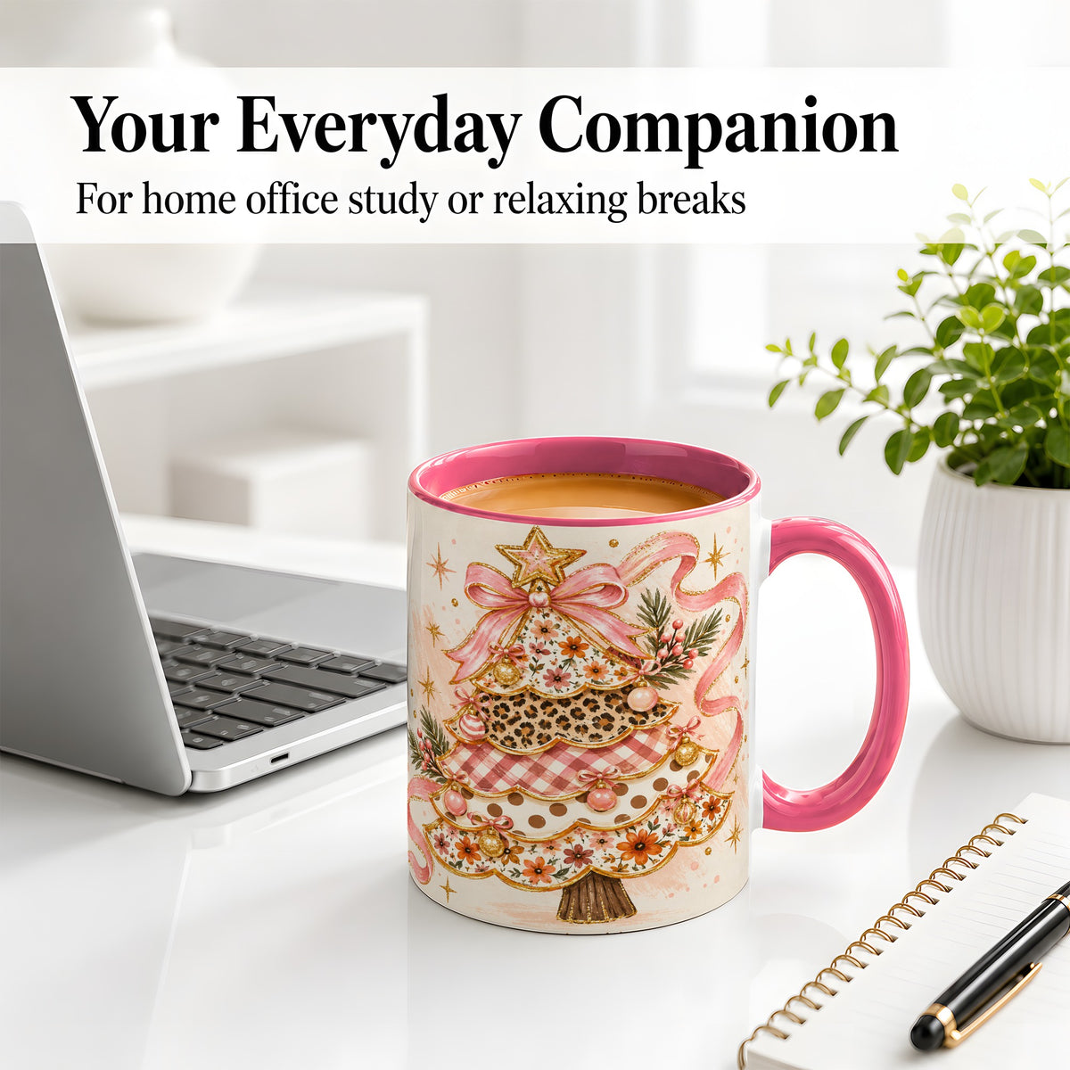 #pl[11oz|Pink] Pink Bow Patterned Christmas Tree Accent Mug, Ceramic Mug