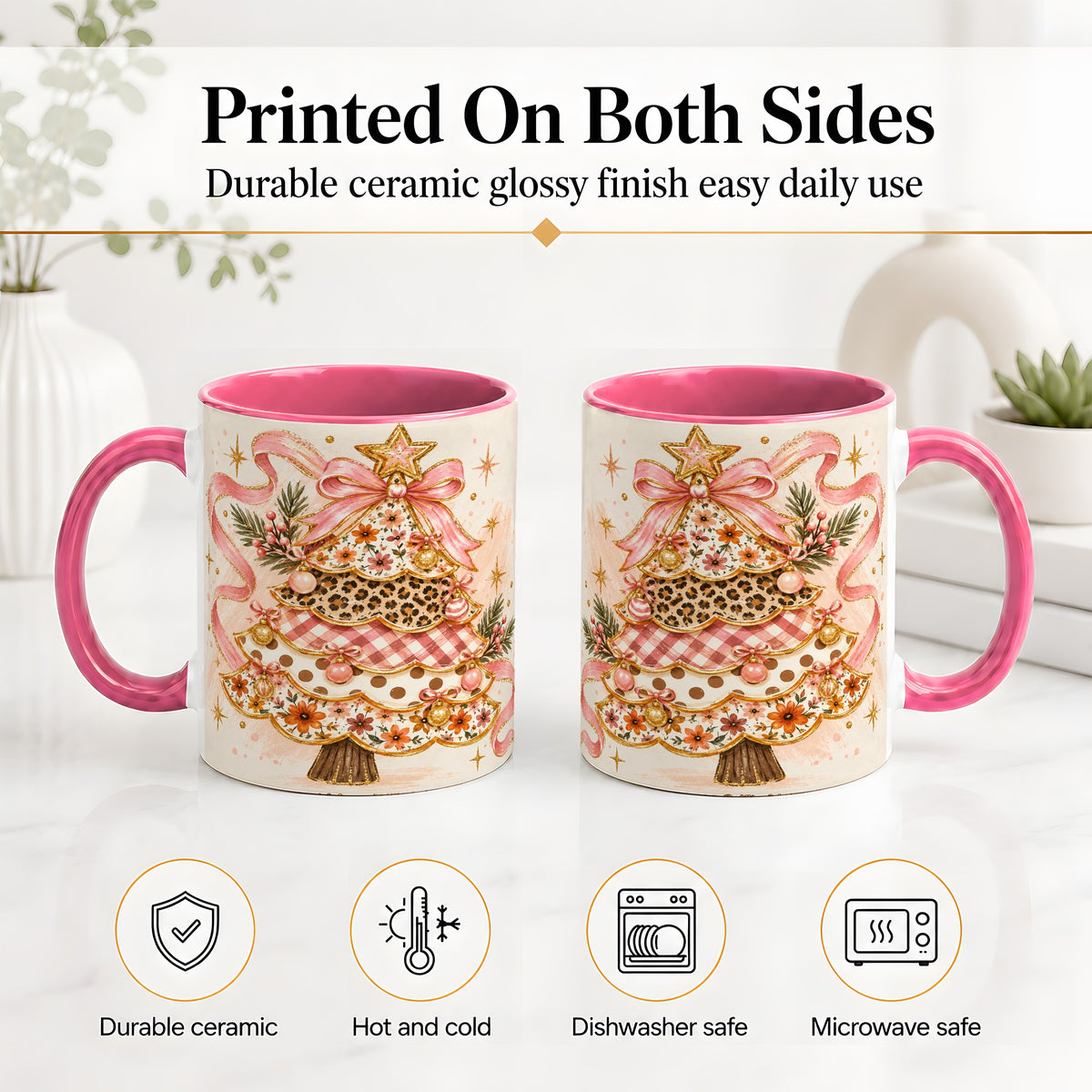 #pl[11oz|Pink] Pink Bow Patterned Christmas Tree Accent Mug, Ceramic Mug