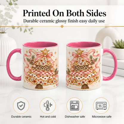 #pl[11oz|Pink] Pink Bow Patterned Christmas Tree Accent Mug, Ceramic Mug