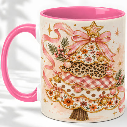 #pl[11oz|Pink] Pink Bow Patterned Christmas Tree Accent Mug, Ceramic Mug