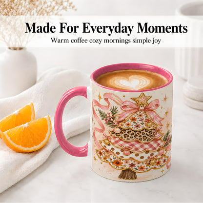 #pl[11oz|Pink] Pink Bow Patterned Christmas Tree Accent Mug, Ceramic Mug