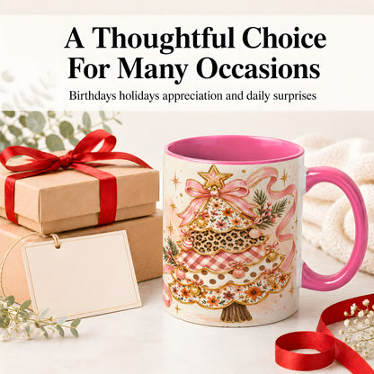 #pl[11oz|Pink] Pink Bow Patterned Christmas Tree Accent Mug, Ceramic Mug