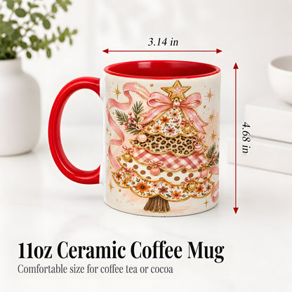 #pl[11oz|Red] Pink Bow Patterned Christmas Tree Accent Mug, Ceramic Mug