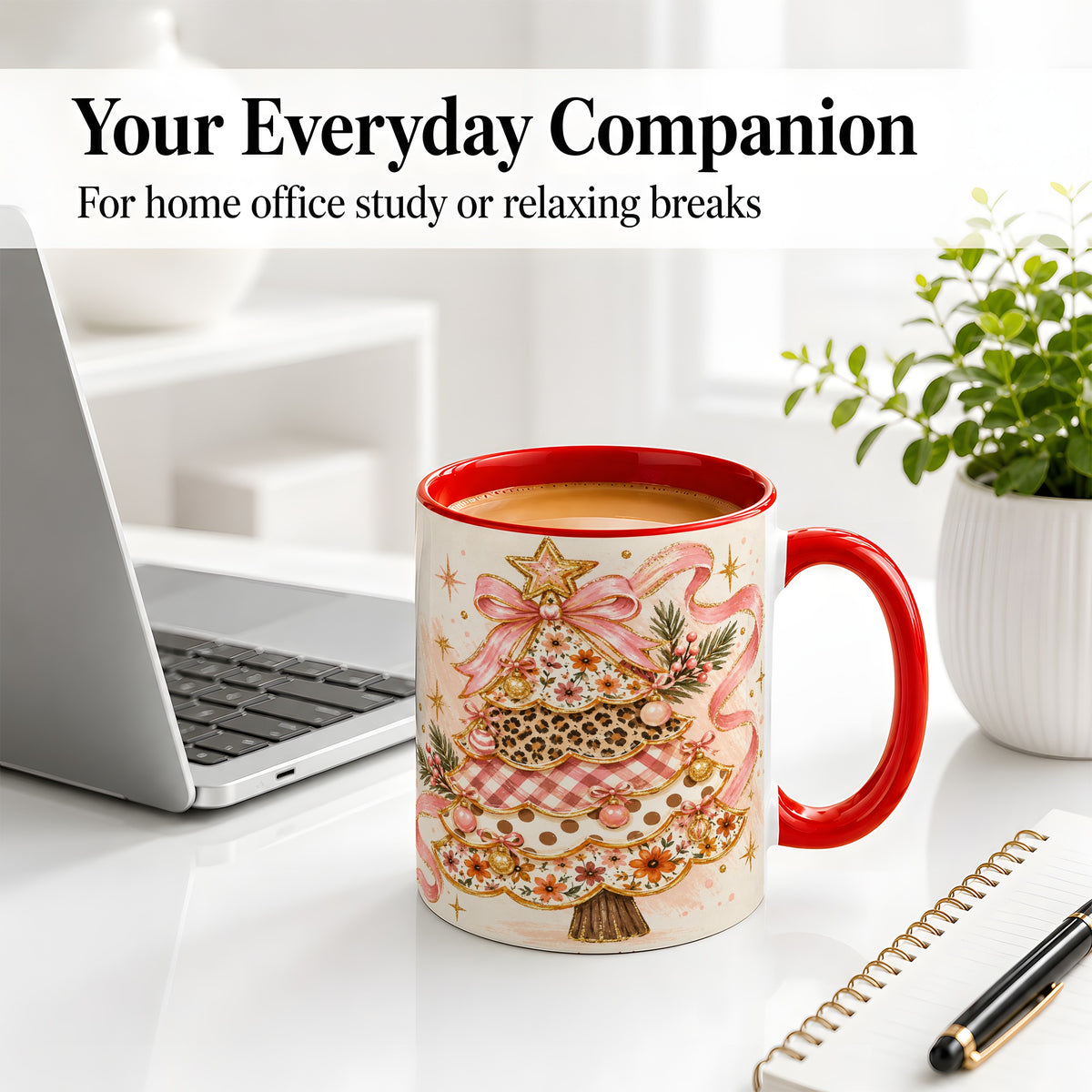 #pl[11oz|Red] Pink Bow Patterned Christmas Tree Accent Mug, Ceramic Mug