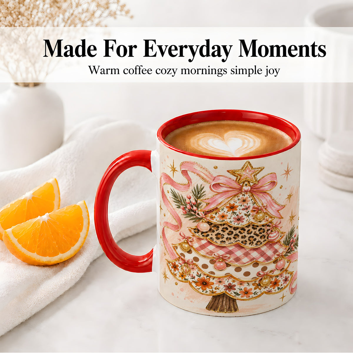 #pl[11oz|Red] Pink Bow Patterned Christmas Tree Accent Mug, Ceramic Mug