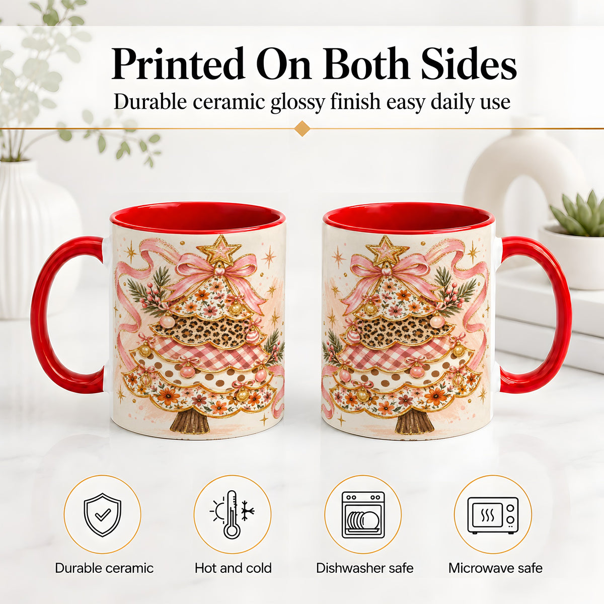 #pl[11oz|Red] Pink Bow Patterned Christmas Tree Accent Mug, Ceramic Mug