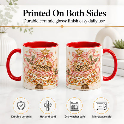 #pl[11oz|Red] Pink Bow Patterned Christmas Tree Accent Mug, Ceramic Mug