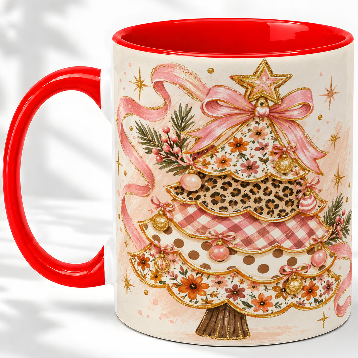 Pink Bow Patterned Christmas Tree Accent Mug, Ceramic Mug