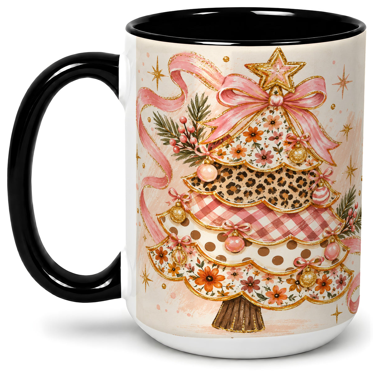 #pl[15oz|Black] Pink Bow Patterned Christmas Tree Accent Mug, Ceramic Mug