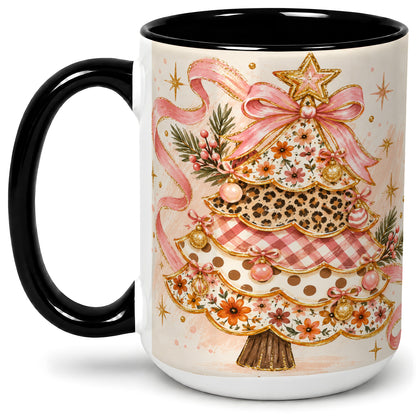 #pl[15oz|Black] Pink Bow Patterned Christmas Tree Accent Mug, Ceramic Mug