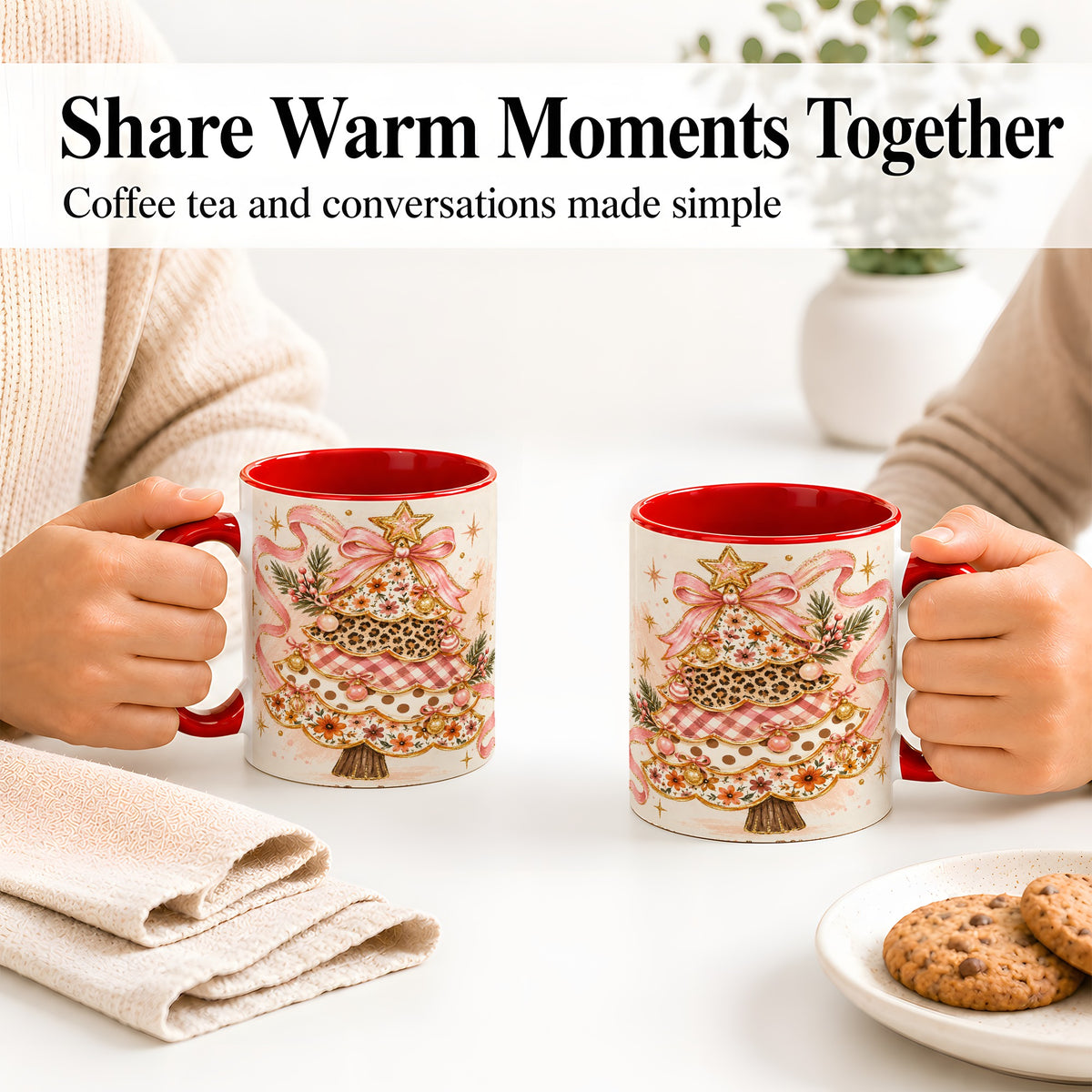 #pl[11oz|Red] Pink Bow Patterned Christmas Tree Accent Mug, Ceramic Mug