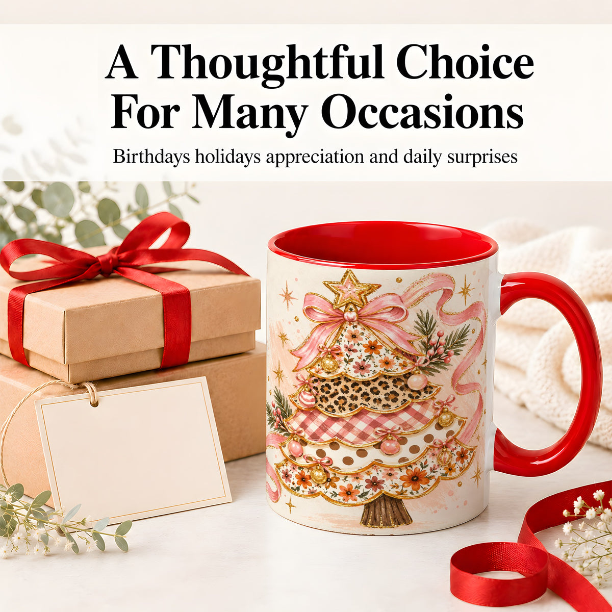 #pl[11oz|Red] Pink Bow Patterned Christmas Tree Accent Mug, Ceramic Mug