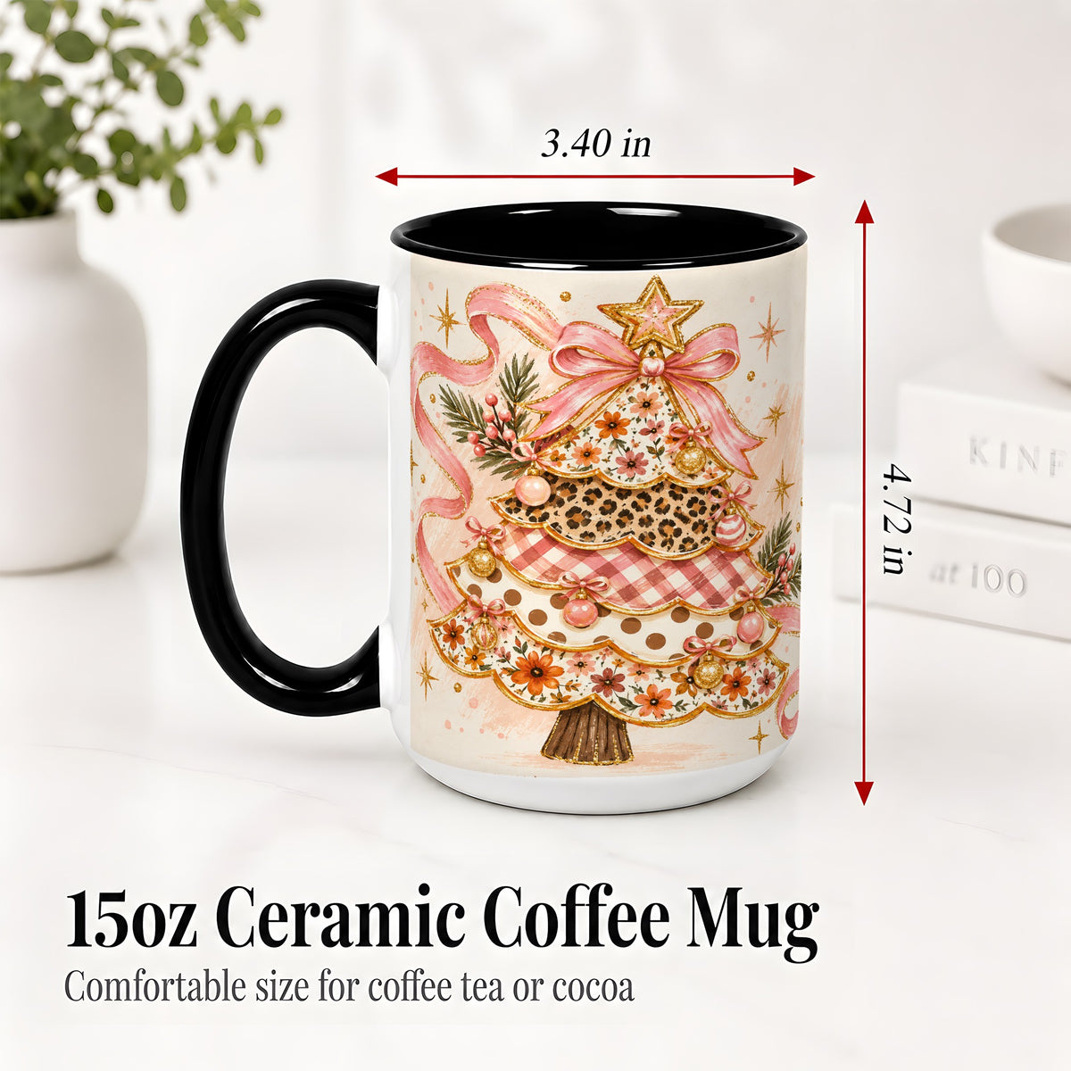 #pl[15oz|Black] Pink Bow Patterned Christmas Tree Accent Mug, Ceramic Mug