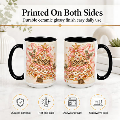 #pl[15oz|Black] Pink Bow Patterned Christmas Tree Accent Mug, Ceramic Mug